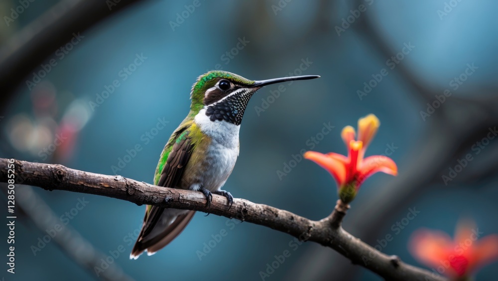 Poster a detailed view of an anna's hummingbird resting on a branch with a soft-focus backdrop.