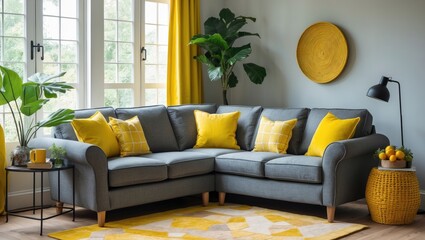 Stylish gray sectional sofa adorned with vibrant yellow cushions.