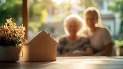 Senior living and home care concept with wooden house model and caregiver