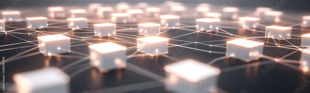 Poster abstract network of glowing cubes interconnected by lines, representing digital connectivity and tec