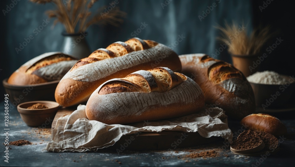 Poster rustic bread displayed on a backdrop with ample space for text.