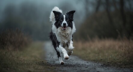 Border collie in motion outdoors. energetic dog dashes ahead.