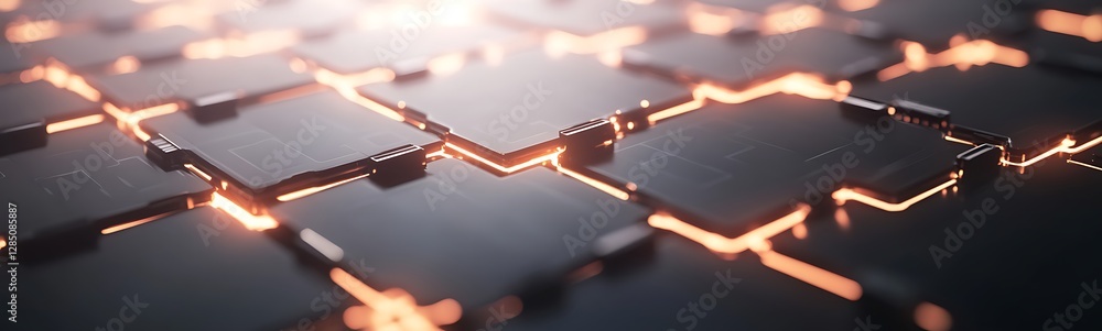Poster abstract close-up of interconnected glowing circuits on a dark surface, illustrating technology and 