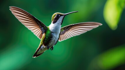 Fototapeta premium Hummingbird in flight, showcasing wing movement. White-bellied Woodstar from Tandayapa, Ecuador, surrounded by a vibrant green backdrop in the tropical forest.
