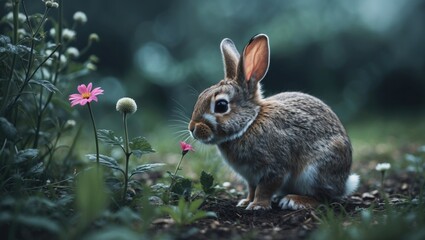 Fototapeta premium Tiny bunny exploring a flower in the garden