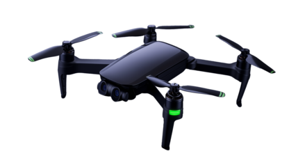 Black Drone with Green Lights on Transparent Background
