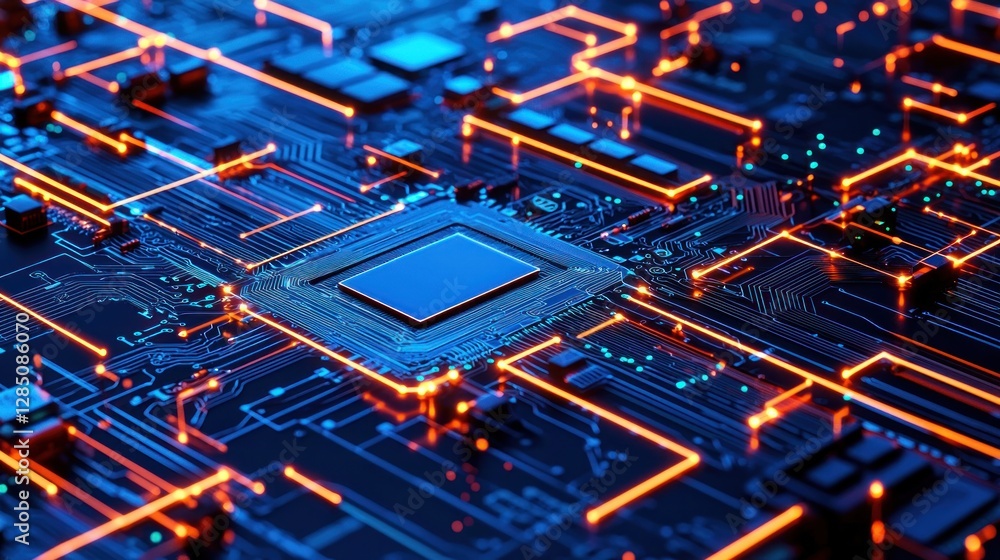 Poster illuminated circuit board: a glowing microchip's intricate network