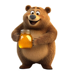 A Happy 3D Cartoon Bear Holding a Jar of Honey Isolated on Transparent Background