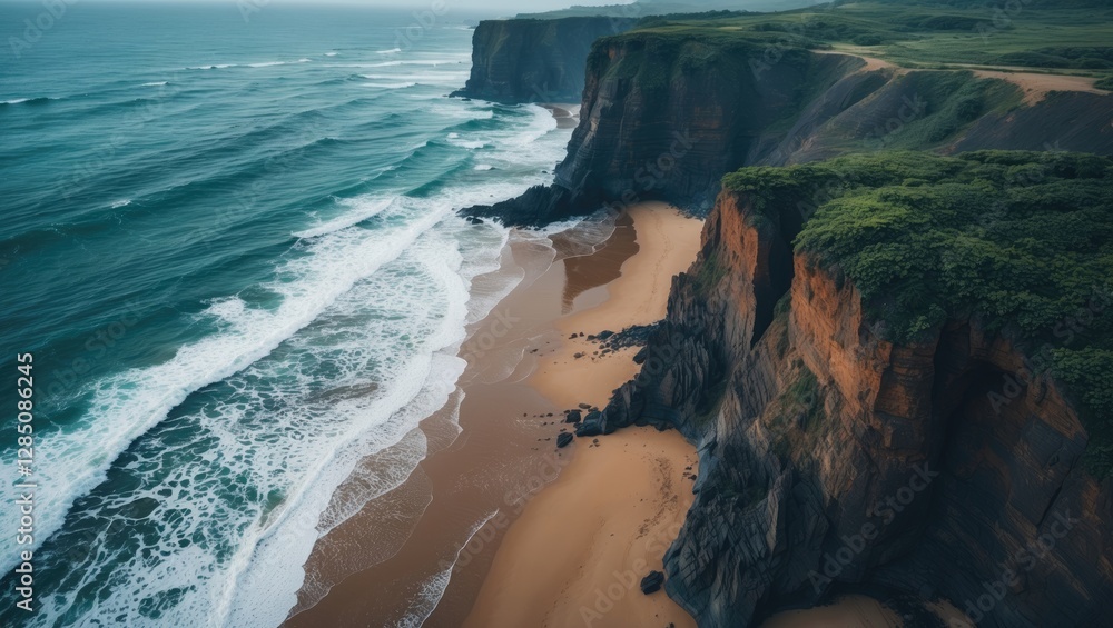 Poster aerial view from a drone showcasing a rugged beach and cliffs along the indian ocean coastline. ampl