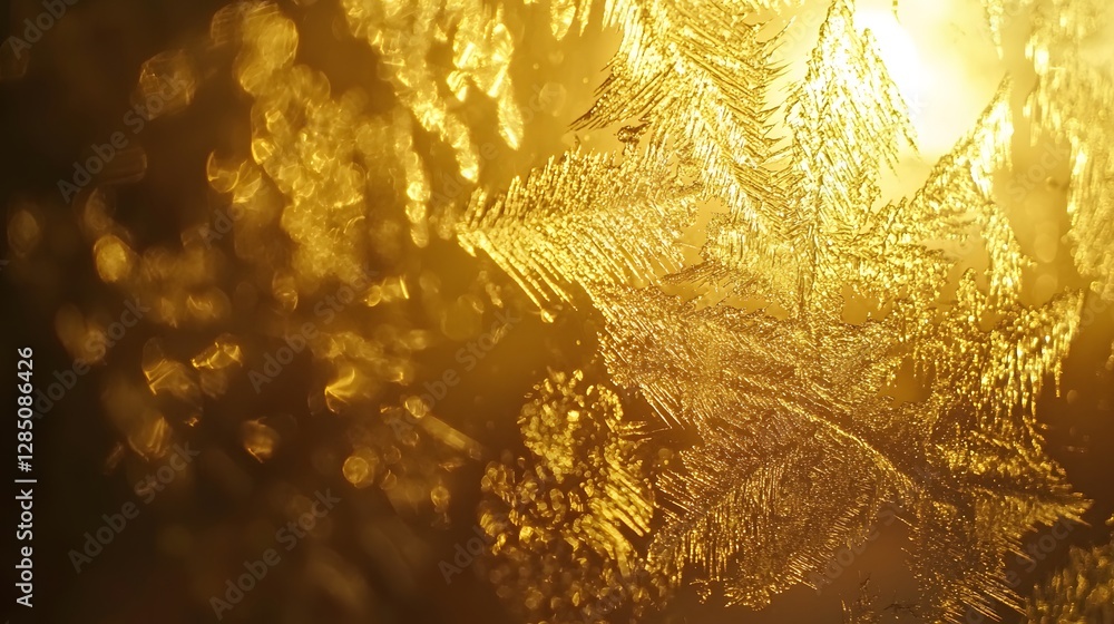 Poster close-up of frost patterns on a glowing windowpane illuminated by golden morning light, cinematic in