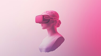 Virtual reality headset on a human bust with a vibrant pink and purple background in a modern digital art style
