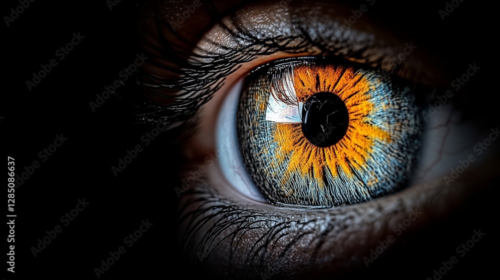 Poster close-up of colorful human eye with unique patterns and details