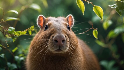 Fototapeta premium Detailed close-up of a capybara, the adorable giant rodent, amidst garden foliage.