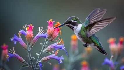 Fototapeta premium Costa's hummingbird hovering near blossoms, a tiny bird found in the desert regions of the southwestern U.S., western Mexico, and Baja.
