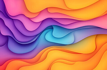 Colorful abstract background with wavy shapes and gradients, featuring a purple, orange, yellow, and blue gradient in a paper-cut style.