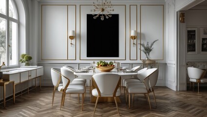 In a dining space adorned with contemporary white furnishings featuring golden details and oak herringbone flooring, a blank black poster is displayed on a light-colored wall. A mockup.