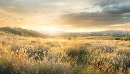 Fototapeta premium Wide-angle shot of glowing fields of lavender framed by rolling hills at sunset, cinematic serene depth