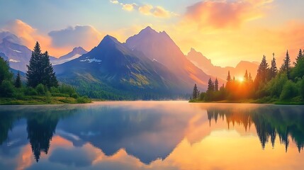 Fototapeta premium Sunset Mountain Lake Illustration