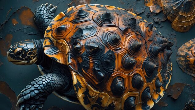 Abstract art featuring a tortoiseshell pattern with a turtle and an animal print background.