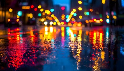 Fototapeta premium Eye-level shot of glowing neon reflections on a rainy urban street at night, cinematic vibrant energy
