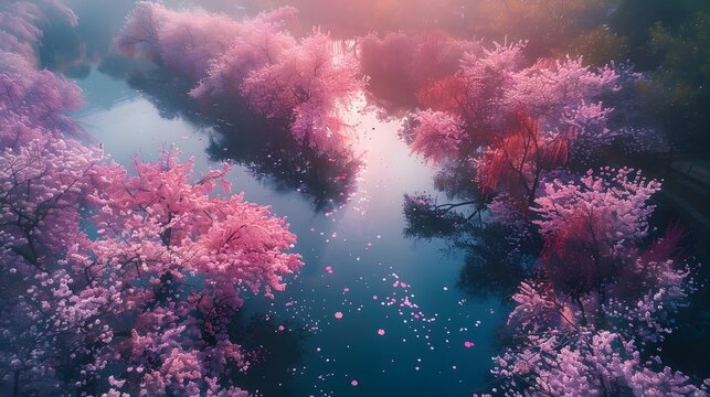 Aerial view of glowing cherry blossom trees in full bloom, surrounded by tranquil rivers, cinematic serene harmony
