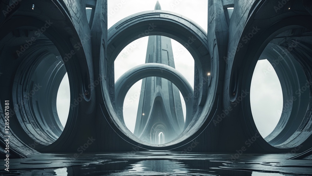 Poster skyscrapers of the future in an abstract galactic design featuring round arches that serve as gatewa