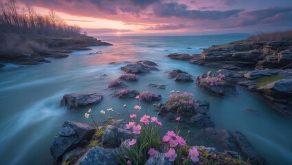 360-degree HDRI panoramic view of a natural seascape at dawn in Halifax, featuring an ocean setting with spring blooms, captured at a height of 2m in 8K resolution.