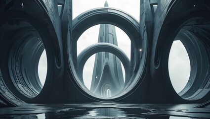 Skyscrapers of the future in an abstract galactic design featuring round arches that serve as gateways to a fantastical world.