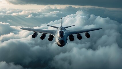 Combat plane soaring over the clouds.