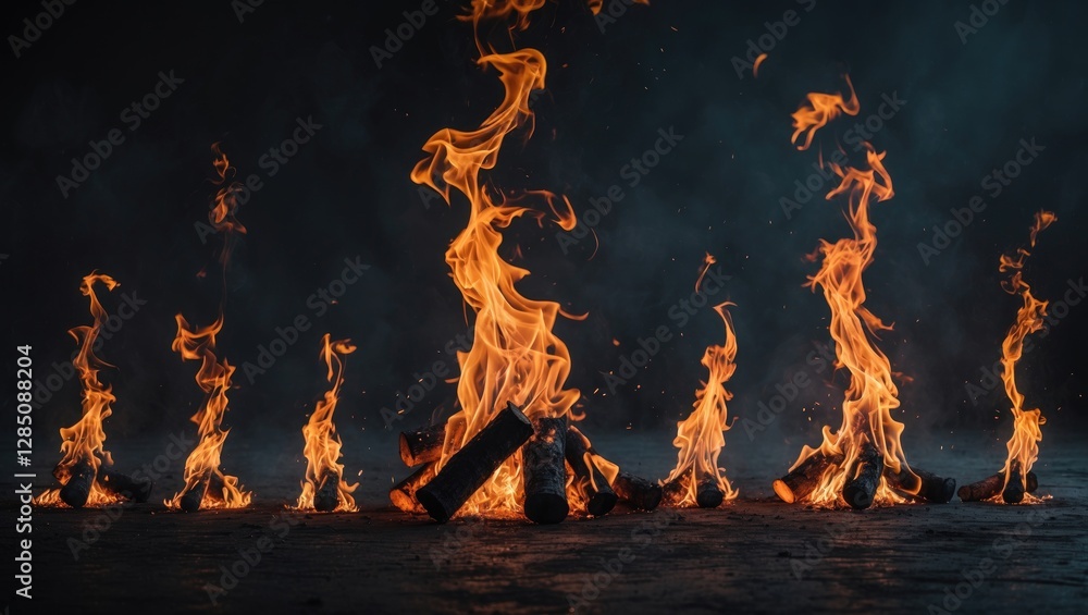 Poster collection of blazing flames and fiery elements set against a dark backdrop for visual design purpos
