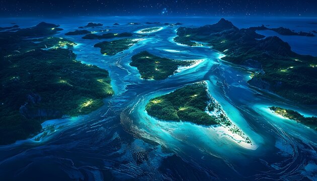 Aerial view of glowing river deltas merging with a deep blue sea, cinematic tranquil elegance