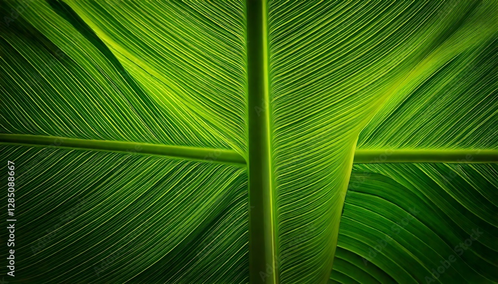 Poster macro shot of banana leaf showing rich green color and vein patterns.