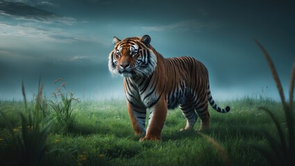 Majestic predator, tiger roaming in a natural landscape