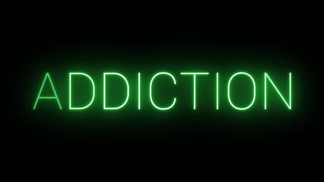 Flickering neon green Addiction sign animated on black background.	