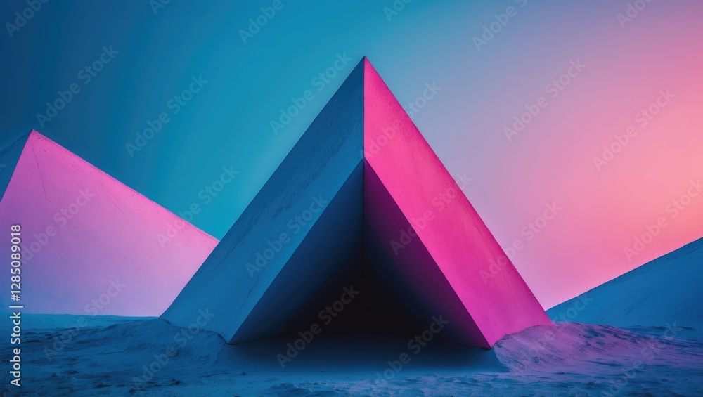 Poster abstract background featuring triangular shapes with a gradient transition from blue to pink.