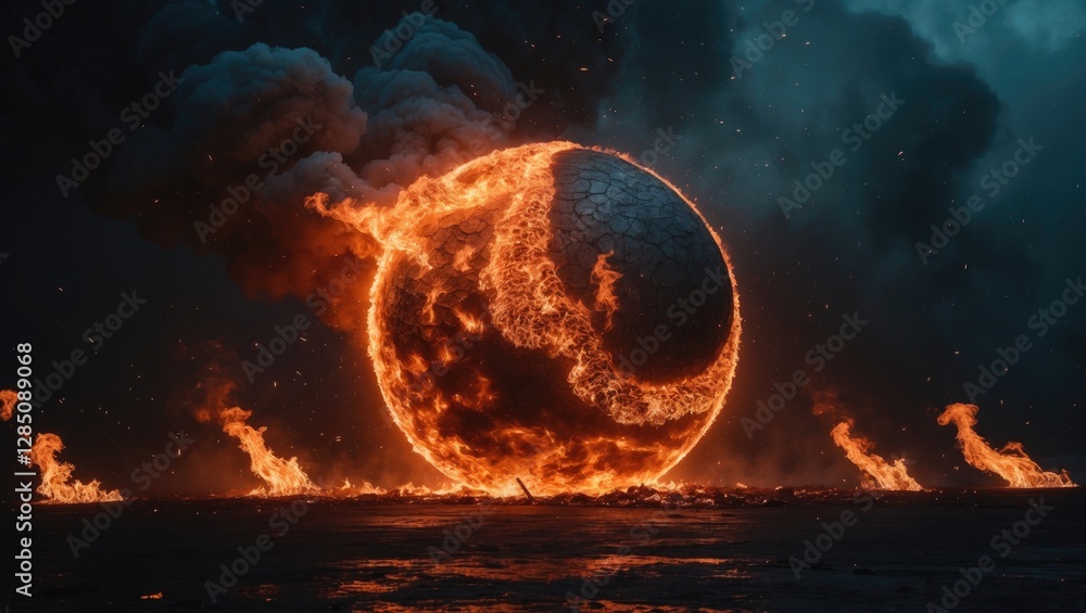Poster sphere of flames and fireball eruption on a dark background with overlay effect.