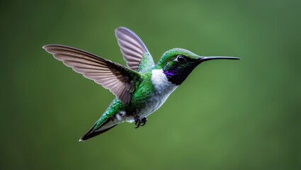 Naklejka premium Violet-eared Green hummingbird (Colibri thalassinus) captured in flight against a green backdrop in Costa Rica.