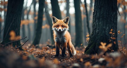 Charming young fox is upright among the trees. Horizontal view.
