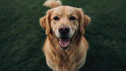 Cheerful purebred golden retriever standing on a grassy area, with space available for text above and below.