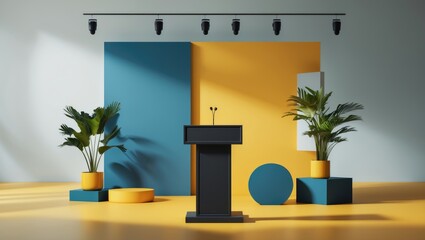 The promotional banner for a major sale features a podium set against an abstract yellow background with a discount and sale theme.