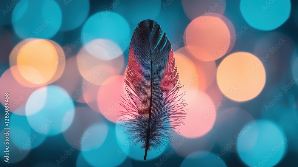 Poster a vibrant feather against a colorful bokeh background, creating a visually striking and ethereal eff