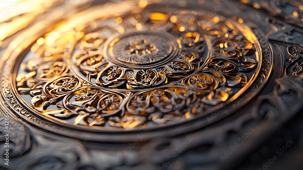 Poster macro shot of glowing intricate patterns carved into a traditional artifact, illuminated by warm amb