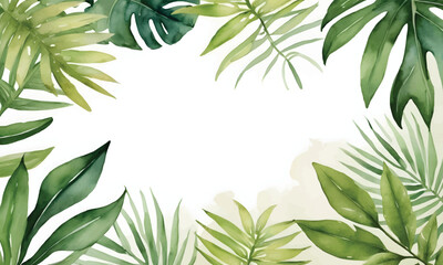 Tropical Botanical Monstera and palm leaves blend seamlessly into an artistic watercolor composition