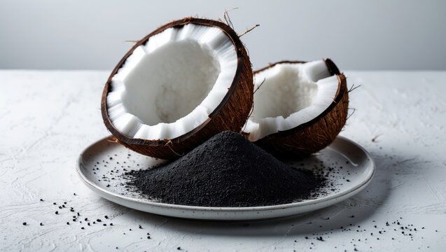 Coconut shell halves alongside activated carbon on a plate against a light backdrop