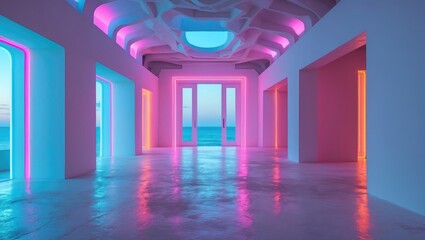 Contemporary seaside mansion featuring a modern white interior illuminated by vibrant neon lights.