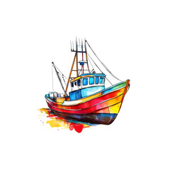 Colorful fishing boats on a white background, painted in watercolor.
