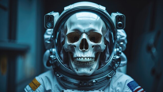 Image depicting a skull encased in an astronaut's helmet.