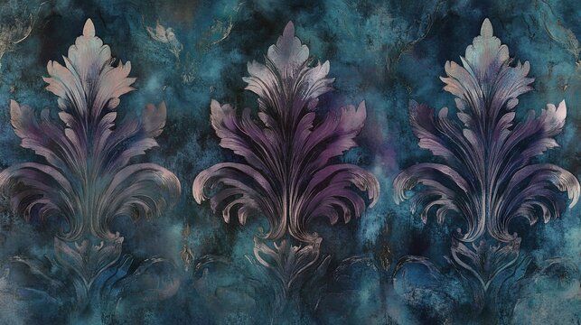 Dark teal damask pattern with purple and silver floral accents.