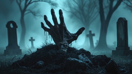 Obraz premium Hand of a zombie emerging from a grave in a foggy nighttime cemetery created with neural network art.