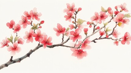 A delicate watercolor illustration of pink cherry blossom flowers on a branch.